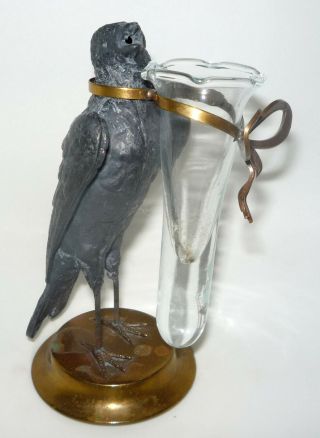 Vtg Petites Choses Black Metal Bird Statue With Bow & Glass Posey Vase