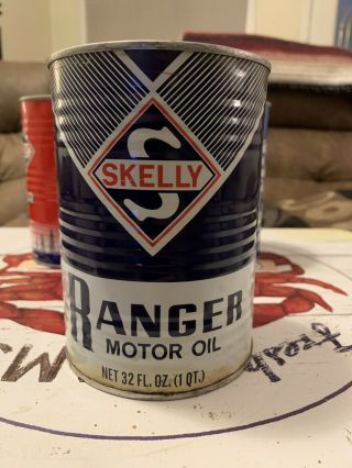 Vintage Ribbed Metal Skelly Ranger 1 Quart Motor Oil Can Sae 10 - Full -