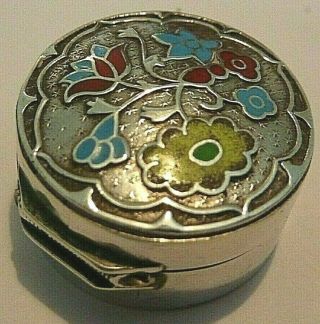 Antique/vintage Solid Silver Pill Box With A Enamelled Floral Lid Stamped 925