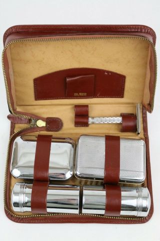Vintage Gillette Safety Razor Travel Set Kit In Leather Case England