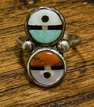 Vintage Zuni Double Sunface Inlay Sterling Silver Turquoise Ring Sz 5