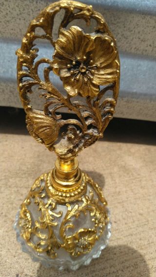 Vintage Matson Perfume Bottle Gold Metal Ormolu Poppy Pattern Glass Dauber