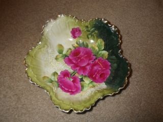 Vintage Hand Painted P.  T.  Bavaria Porcelain Serving Bowl Green With Red Roses