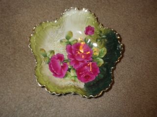 VINTAGE Hand Painted P.  T.  Bavaria Porcelain Serving Bowl Green with Red Roses 2
