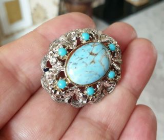 Vintage Art Deco Jewellery Crafted Turquoise Cabochon Silver Brooch Shawl Pin