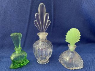 Set Of 3 Vintage Depression Era Art Deco Perfume Bottles With Glass Caps