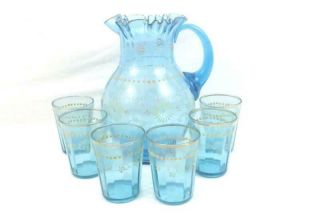 7 Piece Vintage Hand Painted Blue Ruffle Rim Pitcher And Cup Set Floral Design