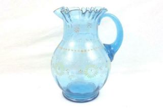 7 Piece Vintage Hand Painted Blue Ruffle Rim Pitcher and Cup Set Floral Design 2