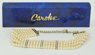 Vintage Signed Carolee 5 Strand Faux Pearl & Rhinestone Choker Necklace W/box