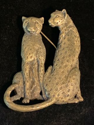 Vintage Jj Signed Cheetah Cat Pin Brooch Brass/gold Tone