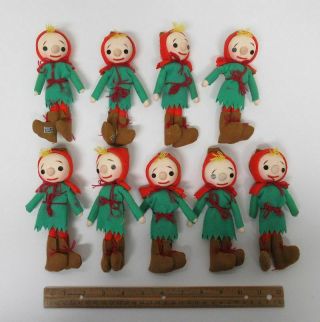 (9) Vintage Christmas Cloth/felt Figure Ornaments Elf Elves Japan W/box Yz3558