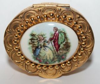 Vintage Compact Made In Italy Gold Tone Porcelain Portrait Center