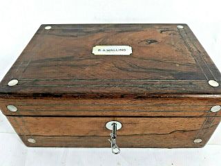 Vintage Wooden Box With Lid Brass Hinges Mother Of Pearl Name Plate And Key