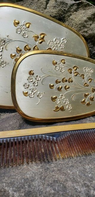 Vintage Women ' s Dogwood Brush,  Comb and Mirror Dresser Set Vanity gold tone 2