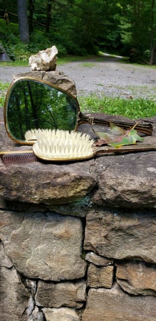 Vintage Women ' s Dogwood Brush,  Comb and Mirror Dresser Set Vanity gold tone 3