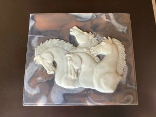 Vintage Incolay Stone Jewelry Trinket Hinged Box Carved Wild Horses Equestrian