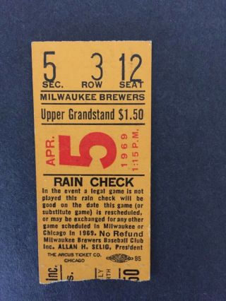 Vintage 4/5/1969 Chicago White Sox Game Ticket Stub At Milwaukee County Stadium