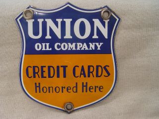 Vintage Union Oil Co Gas Station Credit Cards Honored Here Porcelain Shield Sign