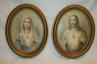 Vintage Mary & Jesus Sacred Heart Pictures Matching Oval Frames