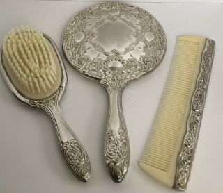 Vintage Mid - Century Silver Classic Handheld Mirror Comb And Brush Vanity Set