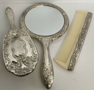 Vintage Mid - Century Silver Classic Handheld Mirror Comb and Brush Vanity Set 3