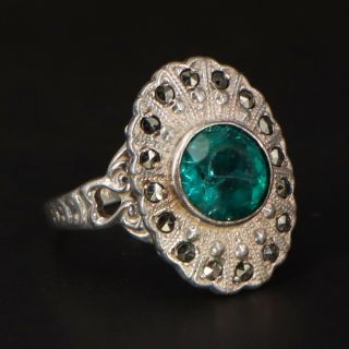 Vtg Sterling Silver Art Deco Uncas Green Glass & Marcasite Ring Size 7.  25 - 4g