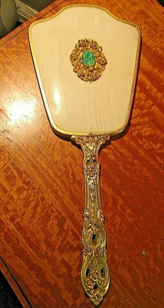 Vintage 24k Gold Finish Hand Mirror Beveled Glass Turquoise Stone See