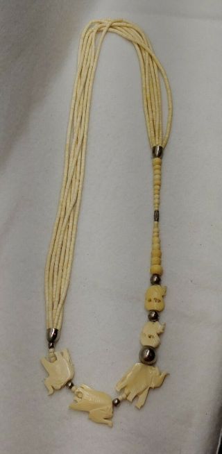 Vintage Carved Bovine Bone Necklace Multi Strands Elephant Walk Beads Sterling