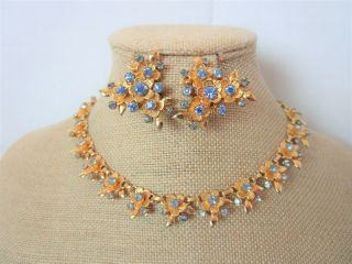 Vintage Kramer Of York Blue Rhinestone Gold Floral Necklace Earring Set