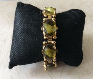 Vintage Gold Plated Banded Green Agate Glass Bracelet
