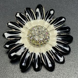 Vintage High End Brooch Pin 2” Black Enameled Flower Crystal Rhinestones Lot2