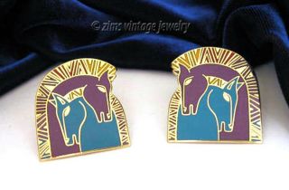Vintage Laurel Burch Blue Purple Enamel Horse Embracing Horses Gold Earrings