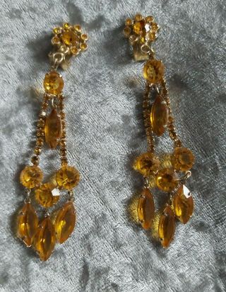 Vintage 1950/60s Clip On Earrings.  Drop Design In Amber Colour Stone Set