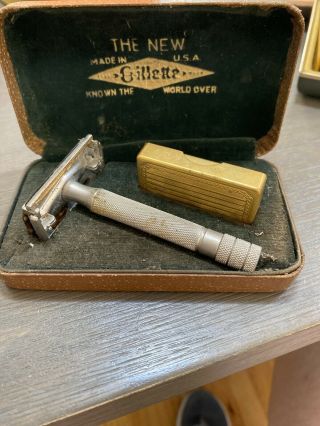 Vintage The Gillette Safety Razor With Case Blades Silver Gold Tone
