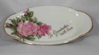 Vintage Tray Dish Porcelain Oval To Grandmother Pink Roses Gold Edges Ma - 423