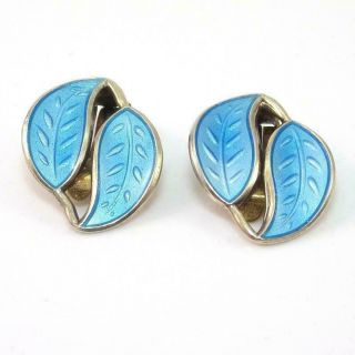 Vtg David Andersen Sterling Silver Modernist Blue Enamel Leaf Earrings Lhd2