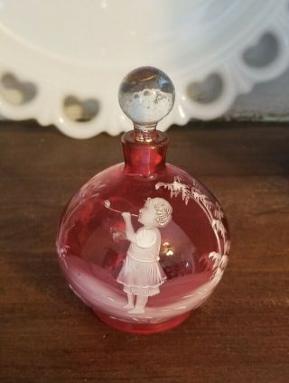 Vintage Mary Gregory Cranberry Perfume Bottle With Gold Flecked Stopper.