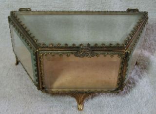 Vintage Ornate Ormolu Gold Filigree Beveled Glass Jewelry Trinket Box