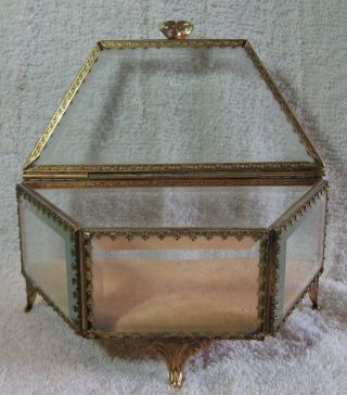 Vintage Ornate Ormolu Gold Filigree Beveled Glass Jewelry Trinket Box 2