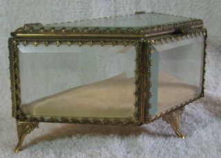 Vintage Ornate Ormolu Gold Filigree Beveled Glass Jewelry Trinket Box 3