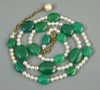 Vintage Mid Century Cultured Pearl & Chrysoprase Bead Necklace 26 " Adj
