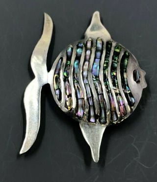 Vintage Taxco Silver Brooch - Fish With Abalone Inlay 7.  0 Grams - Signed