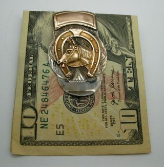 Vintage Sterling Silver Money Clip Horse & Horseshoe W/gold Vermeil 16.  3 Grams