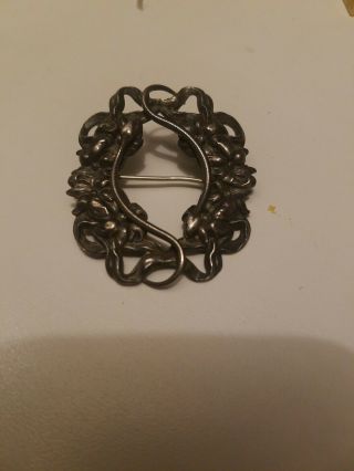 Unique Vintage Art Nouveau Sterling Silver Pin Of Flowers & Snakes Broach