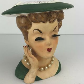 Vintage Lady Head Vase Green Dress & Hat Pearl Earrings And Necklace