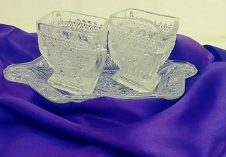 Vintage Indiana Crystal Glass Creamer Sugar Bowl With Tray Sandwich Pattern