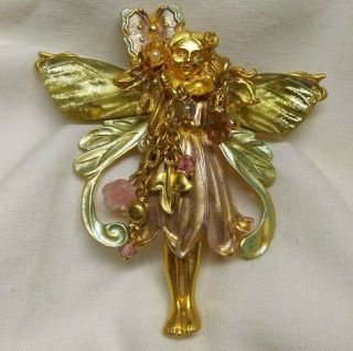Vtg Kirks Folly Primrose Flower Fairy Retired Gold & Enamel Pendant Brooch