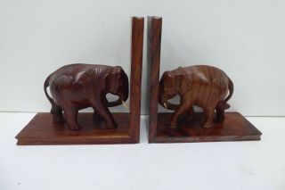 Vintage Pair Rosewood Timber Carved Wooden Elephant Bookends