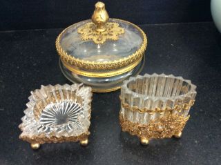 Vintage Three Piece Brass Filigree And Etched Glass Vanity Set - Made In France