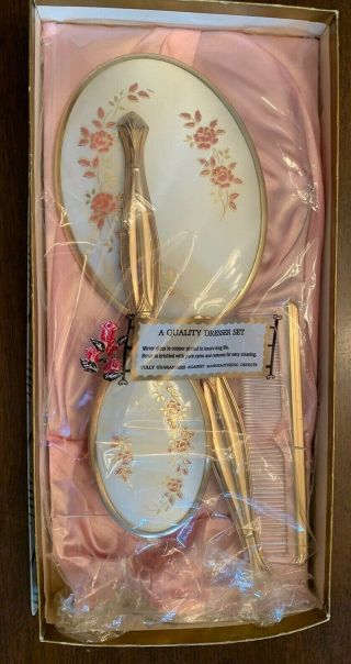 Vintage Women ' s Pink Roses - Brush,  Comb and Mirror Dresser Set Vanity gold tone 2